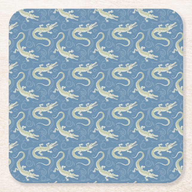 Playful Green Alligator Paisley on Blue Square Paper Coaster (Front)