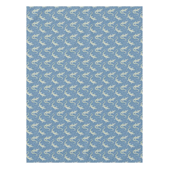 Playful Green Alligator Paisley on Blue Tablecloth (Front)
