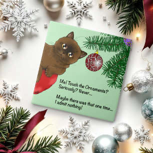 Playful Green Cute Christmas Brown Cat Humour Tile