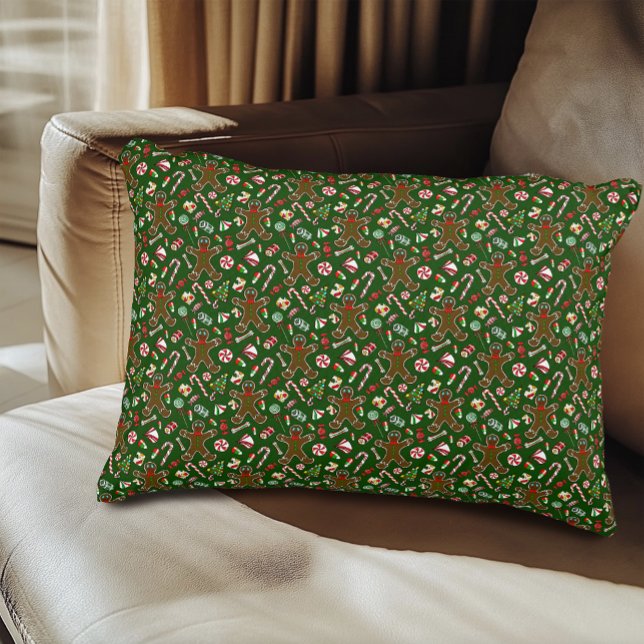 Playful Green Festive Gingerbread Candy Pattern Accent Pillow (Creator Uploaded)
