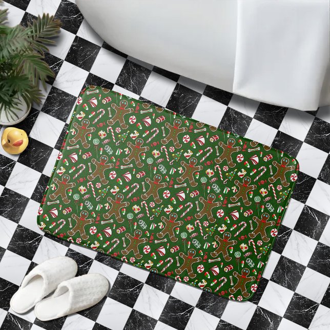 Playful Green Festive Gingerbread Candy Pattern Bath Mat (Creator Uploaded)