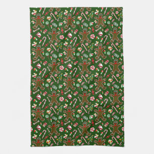 Playful Green Festive Gingerbread Candy Pattern Kitchen Towel