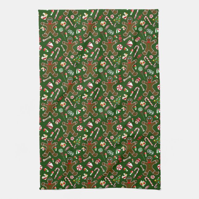 Playful Green Festive Gingerbread Candy Pattern Kitchen Towel (Vertical)