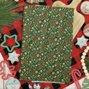 Playful Green Festive Gingerbread Candy Pattern Kitchen Towel