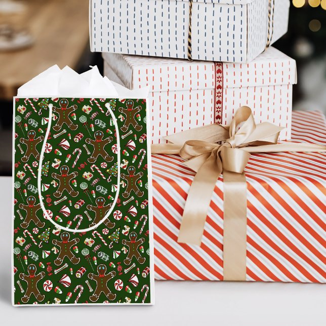Playful Green Festive Gingerbread Candy Pattern Medium Gift Bag (Creator Uploaded)
