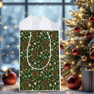Playful Green Festive Gingerbread Candy Pattern Medium Gift Bag