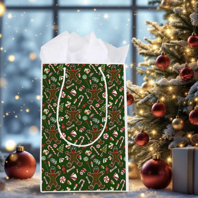 Playful Green Festive Gingerbread Candy Pattern Medium Gift Bag (Creator Uploaded)