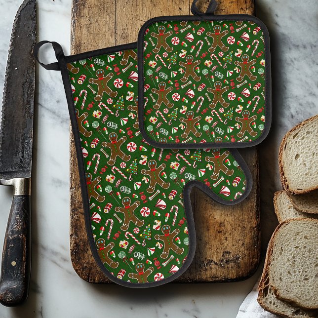 Playful Green Festive Gingerbread Candy Pattern Oven Mitt & Pot Holder Set (Creator Uploaded)