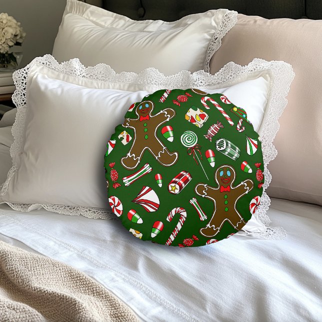 Playful Green Festive Gingerbread Candy Pattern Round Pillow (Creator Uploaded)