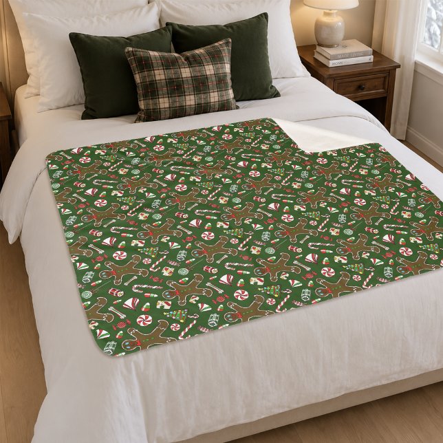 Playful Green Festive Gingerbread Candy Pattern Sherpa Blanket (Creator Uploaded)