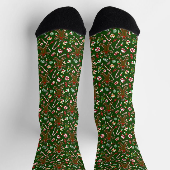 Playful Green Festive Gingerbread Candy Pattern Socks (Top)