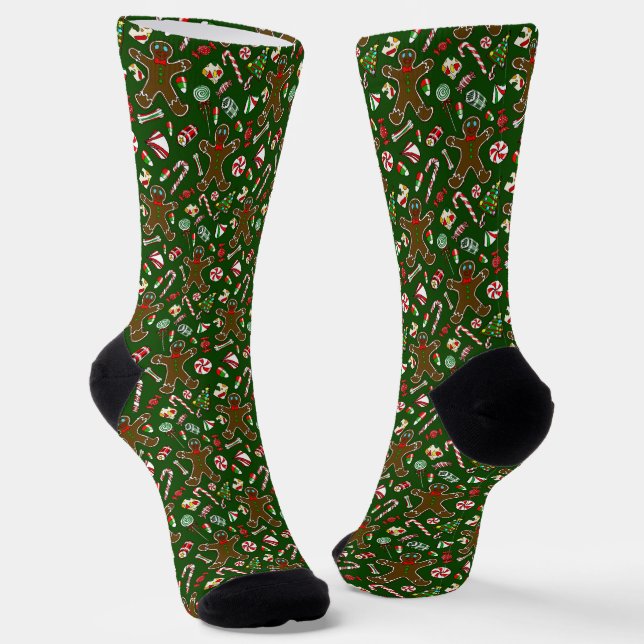 Playful Green Festive Gingerbread Candy Pattern Socks (Angled)