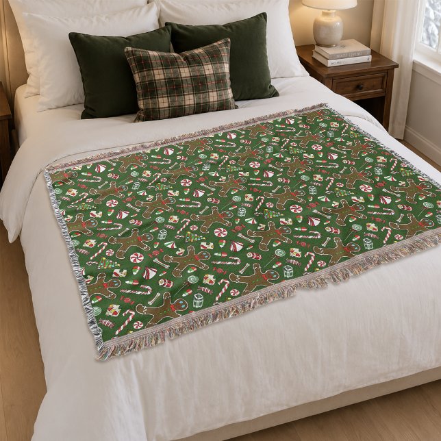 Playful Green Festive Gingerbread Candy Pattern Throw Blanket (Creator Uploaded)