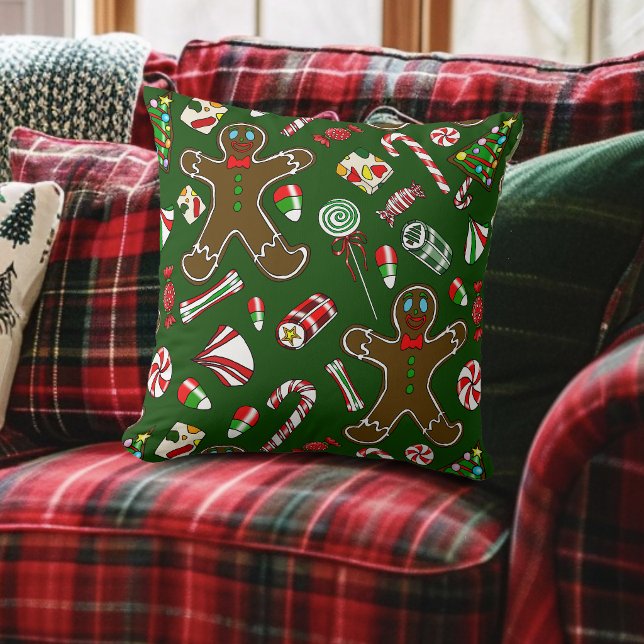 Playful Green Festive Gingerbread Candy Pattern Throw Pillow (Creator Uploaded)