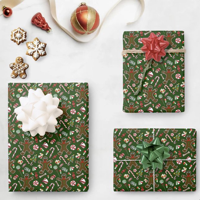 Playful Green Festive Gingerbread Candy Pattern Wrapping Paper Sheet (Creator Uploaded)