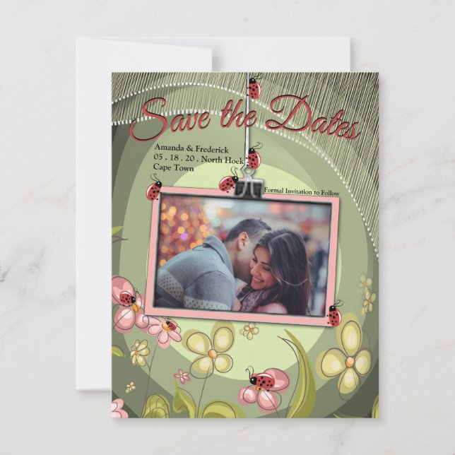 Playful Green & Lady-bird Save The Date (Front)
