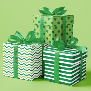 Playful Green Lines, Zigzags & Shamrocks set of 3 Wrapping Paper Sheet