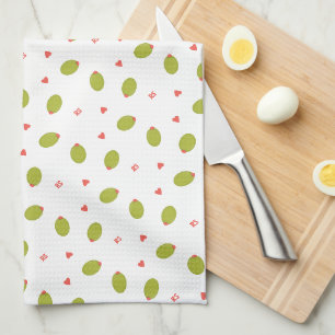Playful Green Olives, Hearts, & Initials Pattern Kitchen Towel