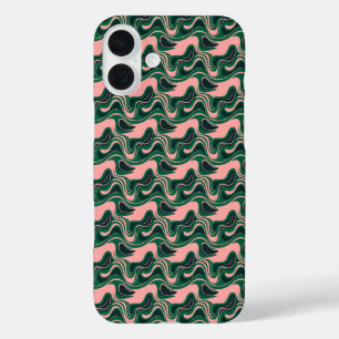 "Playful Green & Pink Waves" iPhone 16 Plus Case