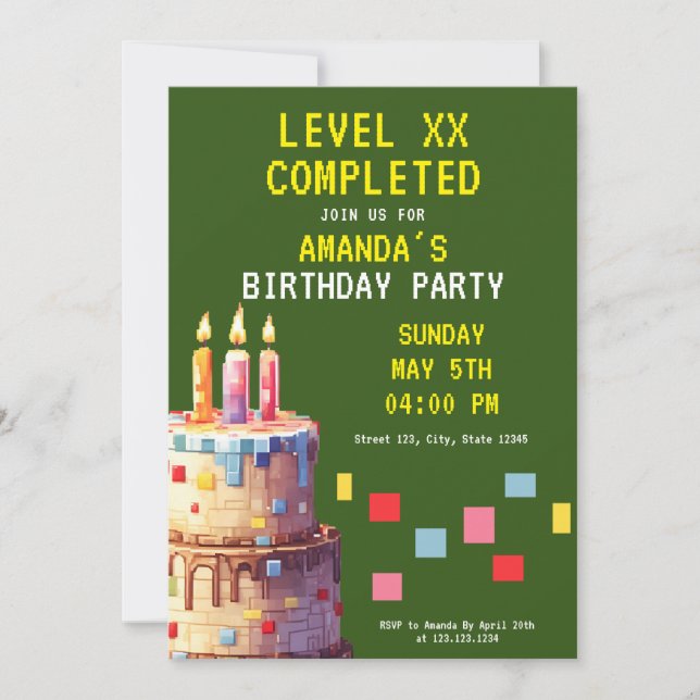 Playful Green & Yellow Pixel Cake Gamer Birthday Invitation (Front)