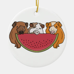 Playful Guinea Pigs and Watermelon Illustration Ceramic Ornament