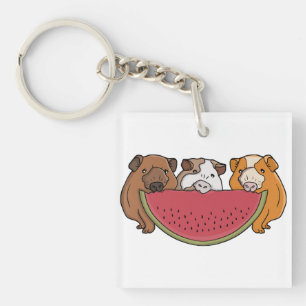 Playful Guinea Pigs and Watermelon Illustration Keychain