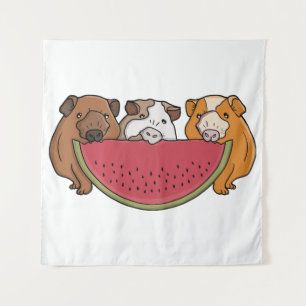Playful Guinea Pigs and Watermelon Illustration Tapestry