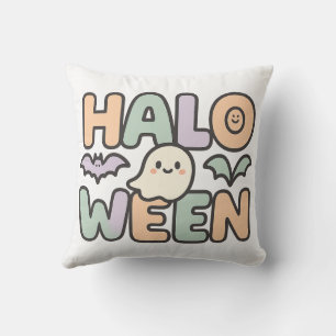 Playful Halloween Ghost and Bats Illustration Throw Pillow