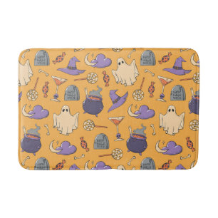 Playful Halloween Ghosts and Witches Pattern Bath Mat