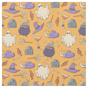 Playful Halloween Ghosts and Witches Pattern Fabric