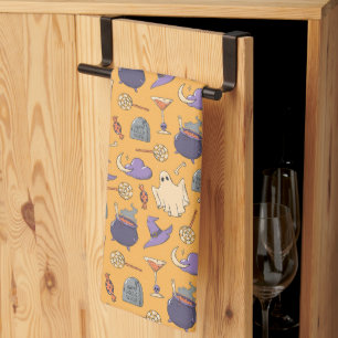 Playful Halloween Ghosts and Witches Pattern Kitchen Towel