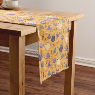 Playful Halloween Ghosts and Witches Pattern Short Table Runner