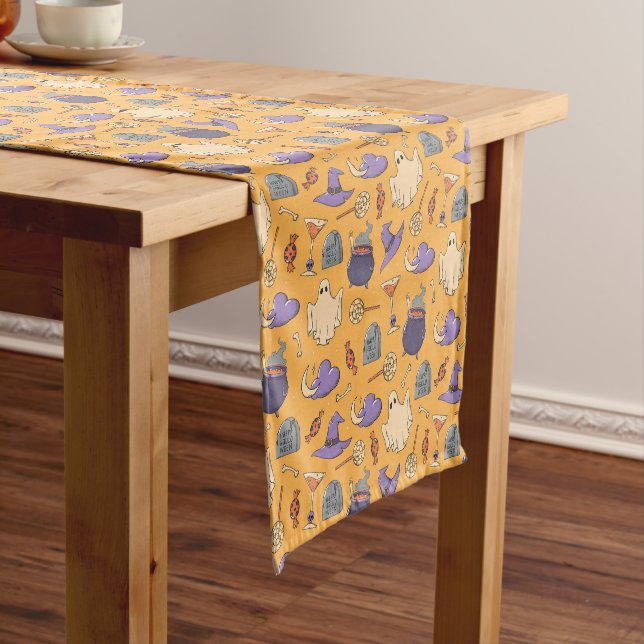Playful Halloween Ghosts and Witches Pattern Short Table Runner (In Situ)