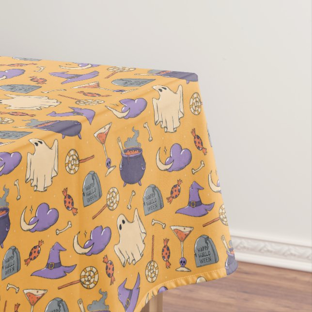 Playful Halloween Ghosts and Witches Pattern Tablecloth (In Situ)