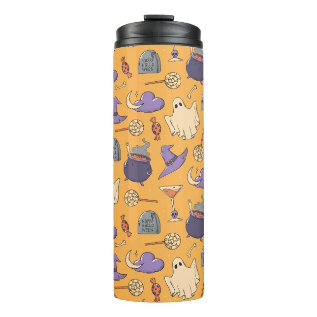 Playful Halloween Ghosts and Witches Pattern Thermal Tumbler (Front)