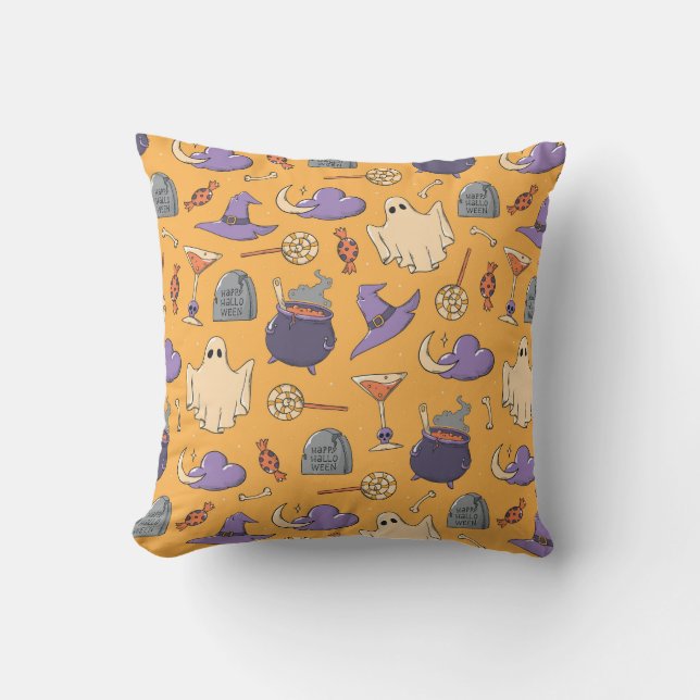 Playful Halloween Ghosts and Witches Pattern Throw Pillow (Front)