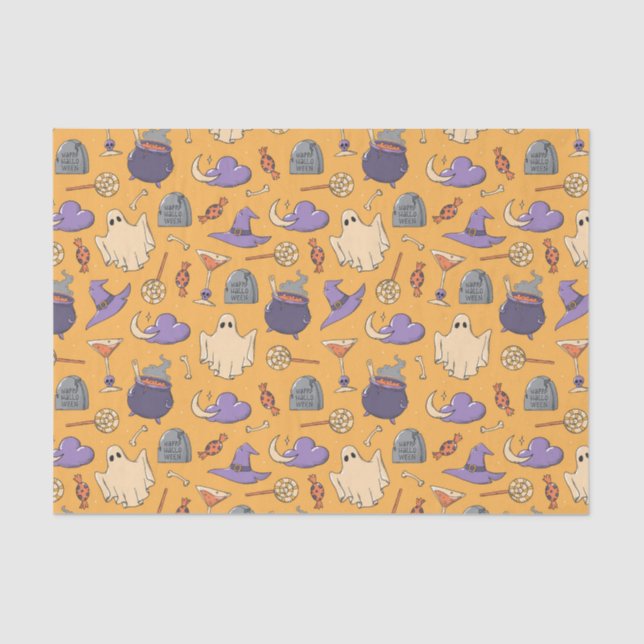 Playful Halloween Ghosts and Witches Pattern Tissue Paper (Front)