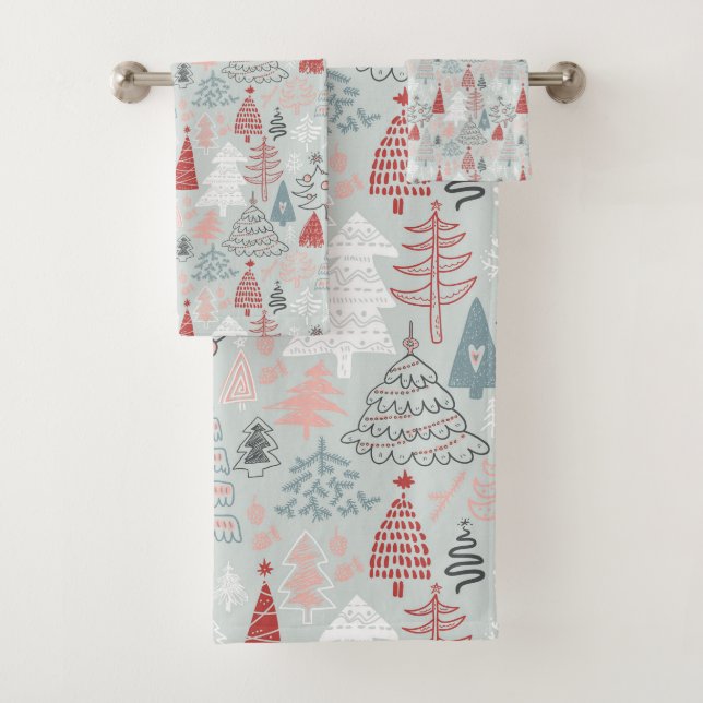 Playful Hand-Drawn Christmas Trees Red Sage Green Bath Towel Set (Insitu)