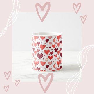 Playful hand drawn red hearts pattern on white coffee mug