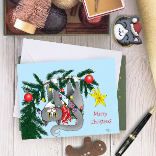 Playful Hanging Christmas Tree Grey Cat Card