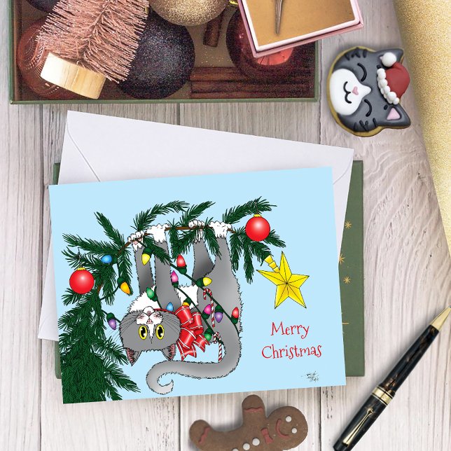 Playful Hanging Christmas Tree Grey Cat Card (Creator Uploaded)