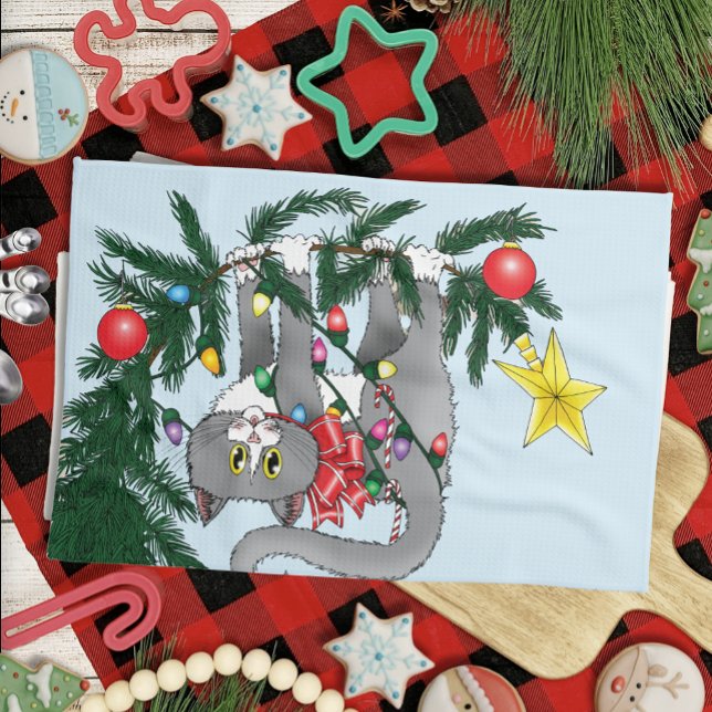 Playful Hanging Christmas Tree Grey Cat Kitchen Towel (Creator Uploaded)