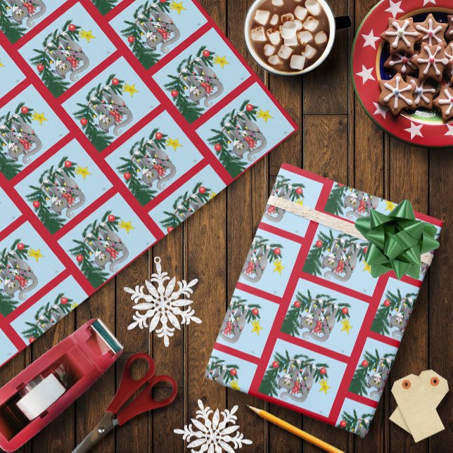 Playful Hanging Christmas Tree Grey Cat Wrapping Paper (Creator Uploaded)