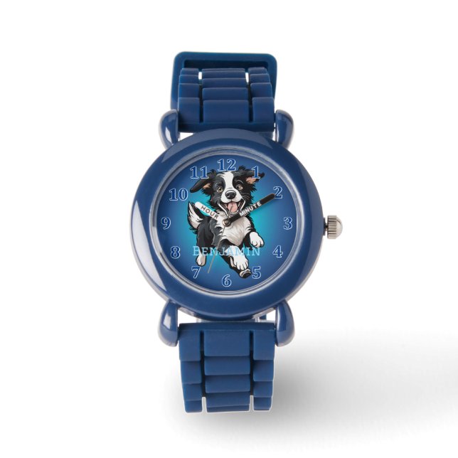 Playful Happy Black Collie on Blue Watch (Front)