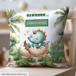 Playful Hatching Soon Baby Dinosaur Watercolor  Throw Pillow