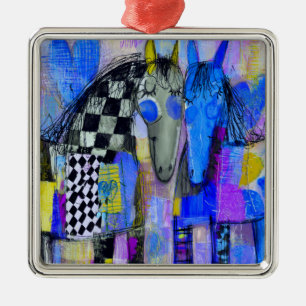 Playful Hearts And Chequerboard Horses Metal Ornament