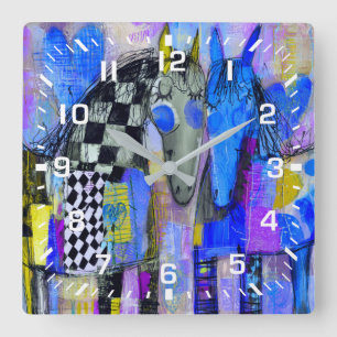 Playful Hearts And Chequerboard Horses Square Wall Clock