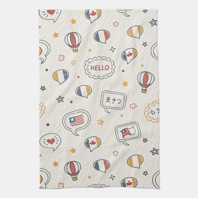 Playful Hello Speech Bubbles Seamless Pattern Kitchen Towel (Vertical)