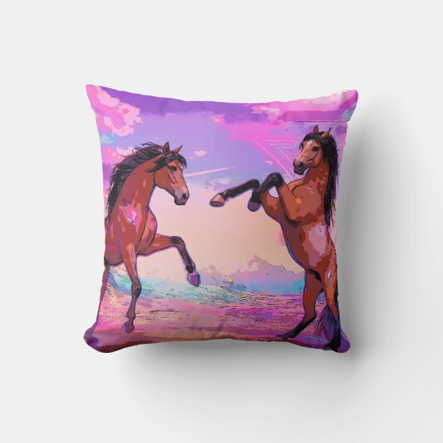 Playful Hello - Two Stallions Greeting Each Other Throw Pillow (Front)