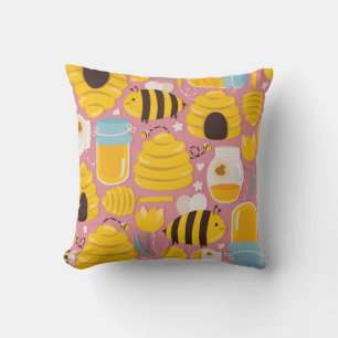 Playful Honeybee and Hive Pattern Throw Pillow